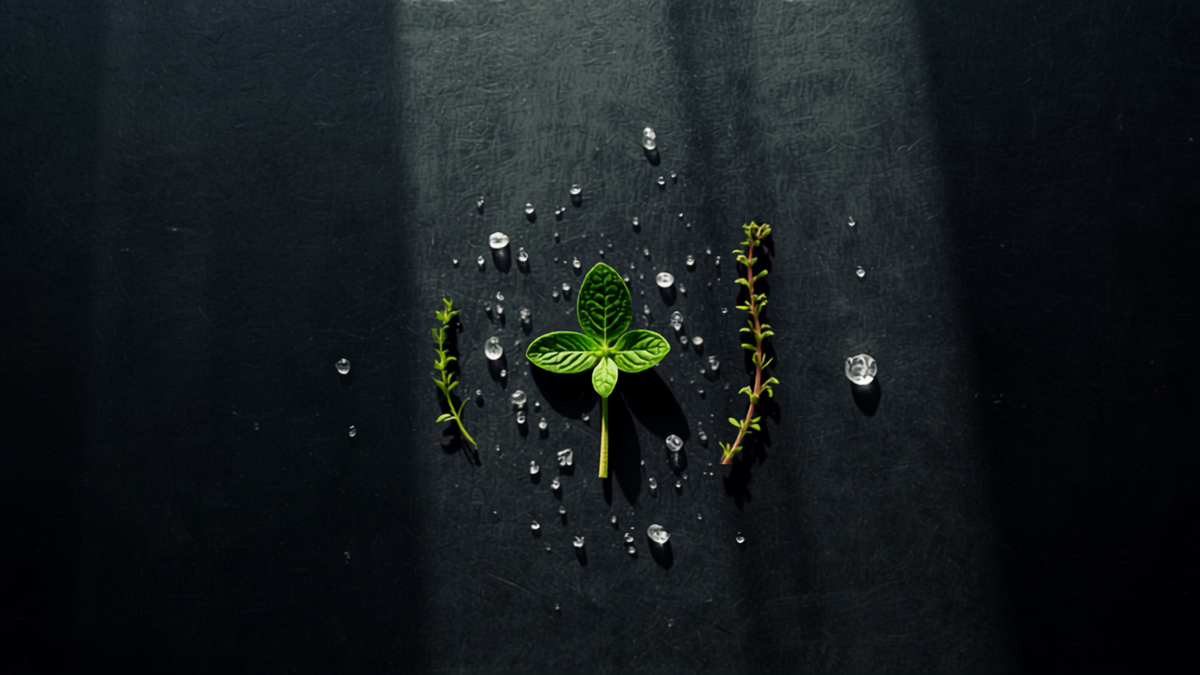 Flatlay of mullein, thyme, peppermint and ice