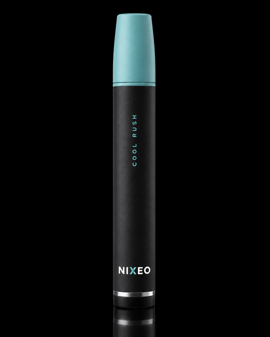 NIXEO Smokeless Inhaler, COOL RUSH - matte black capped device with teal soft-touch cap, teal COOL RUSH lettering and NIXEO wordmark