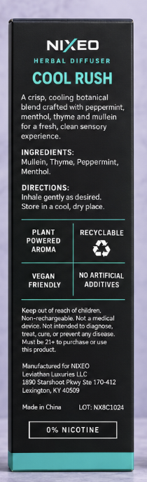 NIXEO Botanical Diffuser, COOL RUSH — back packaging panel with ingredients, directions, proof points and manufacturer address