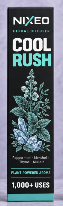 NIXEO Botanical Diffuser, COOL RUSH — front packaging panel with NIXEO wordmark, Herbal Diffuser, mullein thyme peppermint menthol botanical illustration, plant-powered aroma, 1,000+ uses