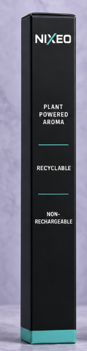 NIXEO Botanical Diffuser, COOL RUSH — left side packaging panel with Plant-Powered Aroma, Recyclable, and Non-Rechargeable proof points