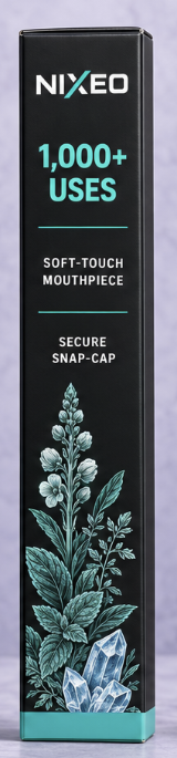 NIXEO Botanical Diffuser, COOL RUSH — right side packaging panel with 1,000+ Uses, Soft-Touch Mouthpiece, and Secure Snap-Cap