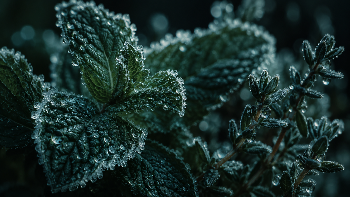 Macro mint and thyme leaves with frost, NIXEO botanical blend