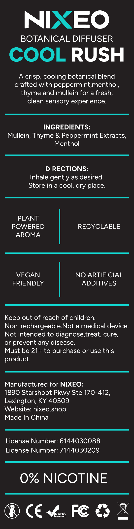 NIXEO Botanical Diffuser, COOL RUSH — official packaging back panel