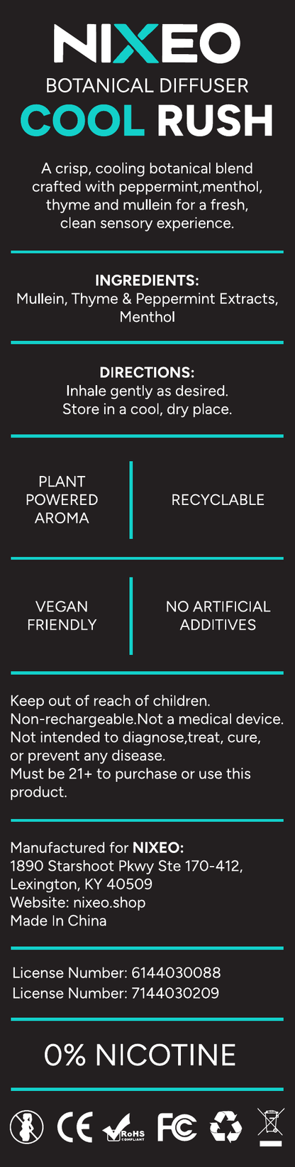NIXEO Botanical Diffuser, COOL RUSH — official packaging back panel