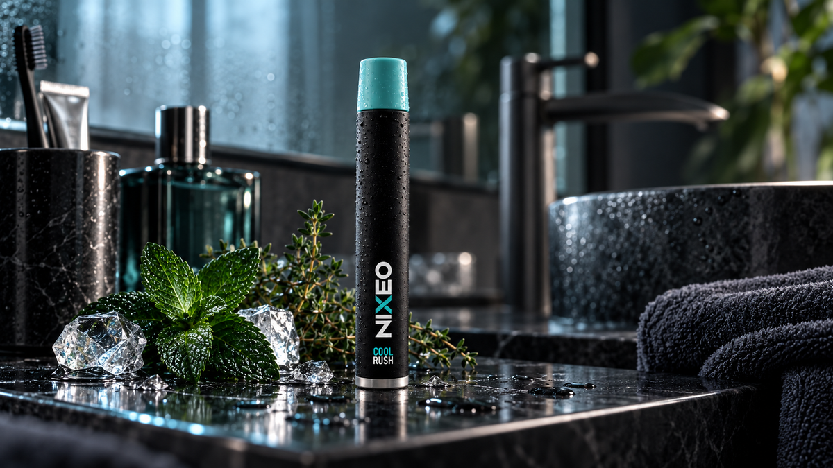 NIXEO Botanical Diffuser, COOL RUSH — lifestyle photograph on a dark marble bathroom counter with mint, thyme, and ice