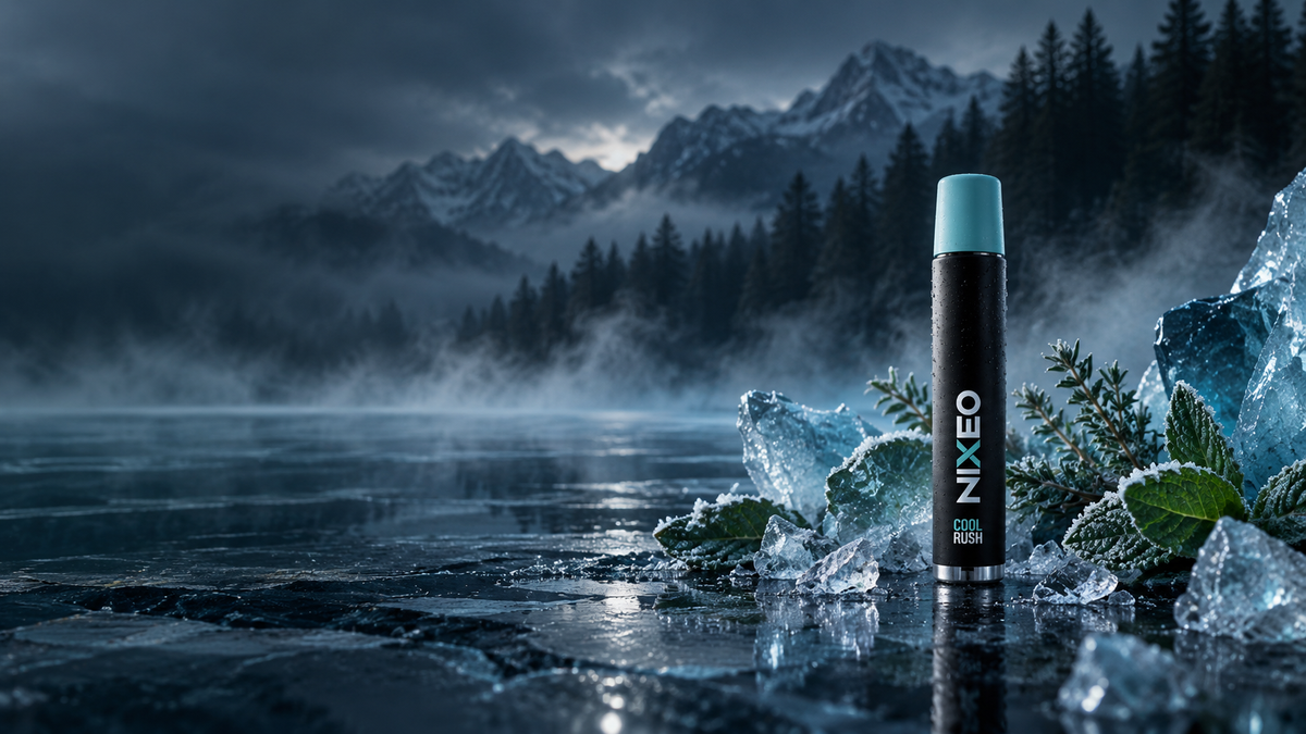 NIXEO Botanical Diffuser, COOL RUSH — product photograph on a frozen lake with mountain and pine forest backdrop