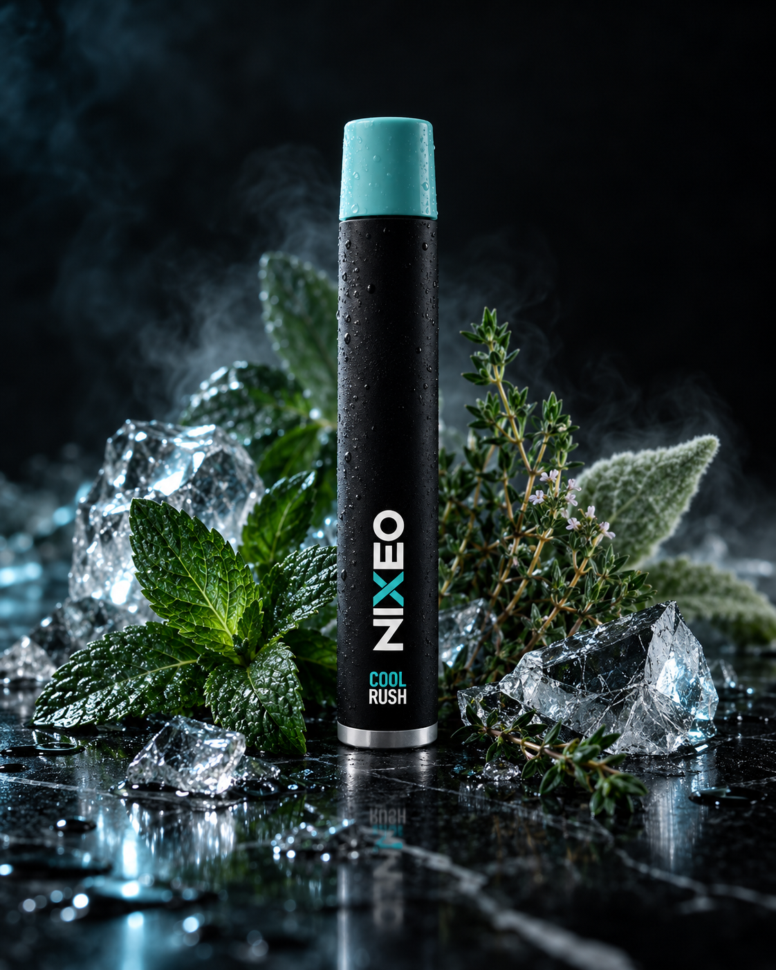 NIXEO Botanical Diffuser, COOL RUSH — lifestyle photograph held in a hiker's hand against a misty mountain backdrop