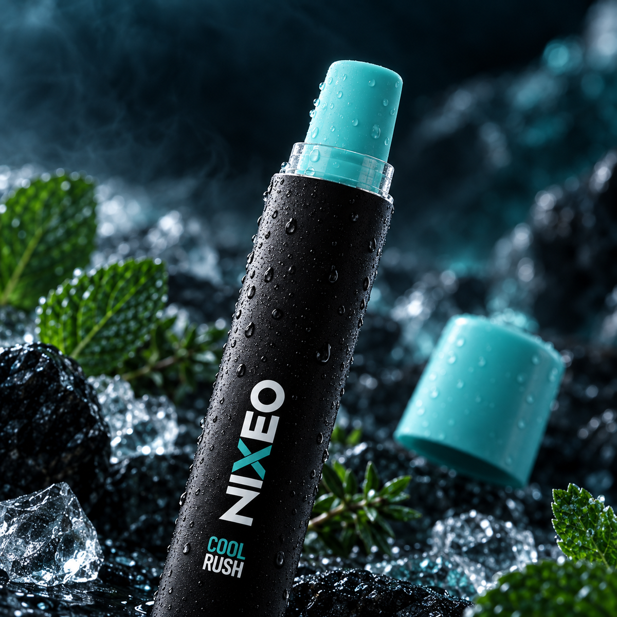 NIXEO Botanical Diffuser, COOL RUSH — macro photograph with cap partially removed showing the connector, set among ice crystals
