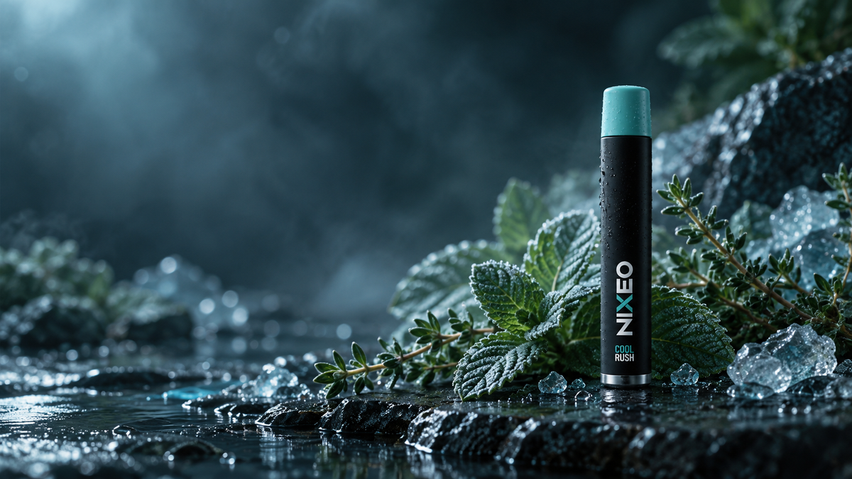 NIXEO Botanical Diffuser, COOL RUSH — product photograph among mint, thyme, and ice crystals