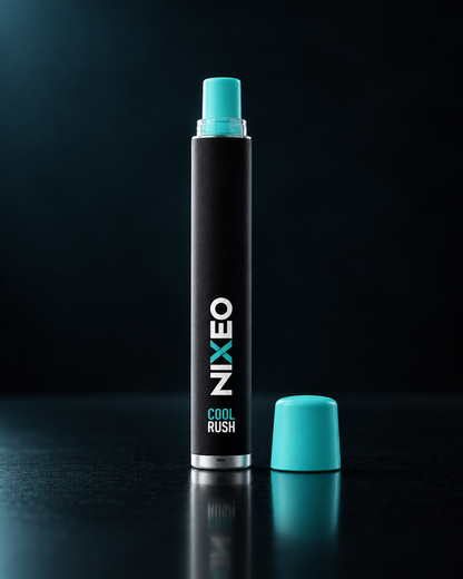 NIXEO Botanical Diffuser, COOL RUSH — studio photograph with cap removed and set beside the device
