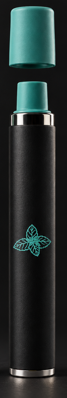 NIXEO Smokeless Inhaler, COOL RUSH - photorealistic cap-off render showing the soft-touch cap and mouthpiece